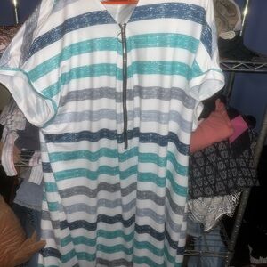 Striped Zip-Front Tunic Dress in Teal, Navy & Gray